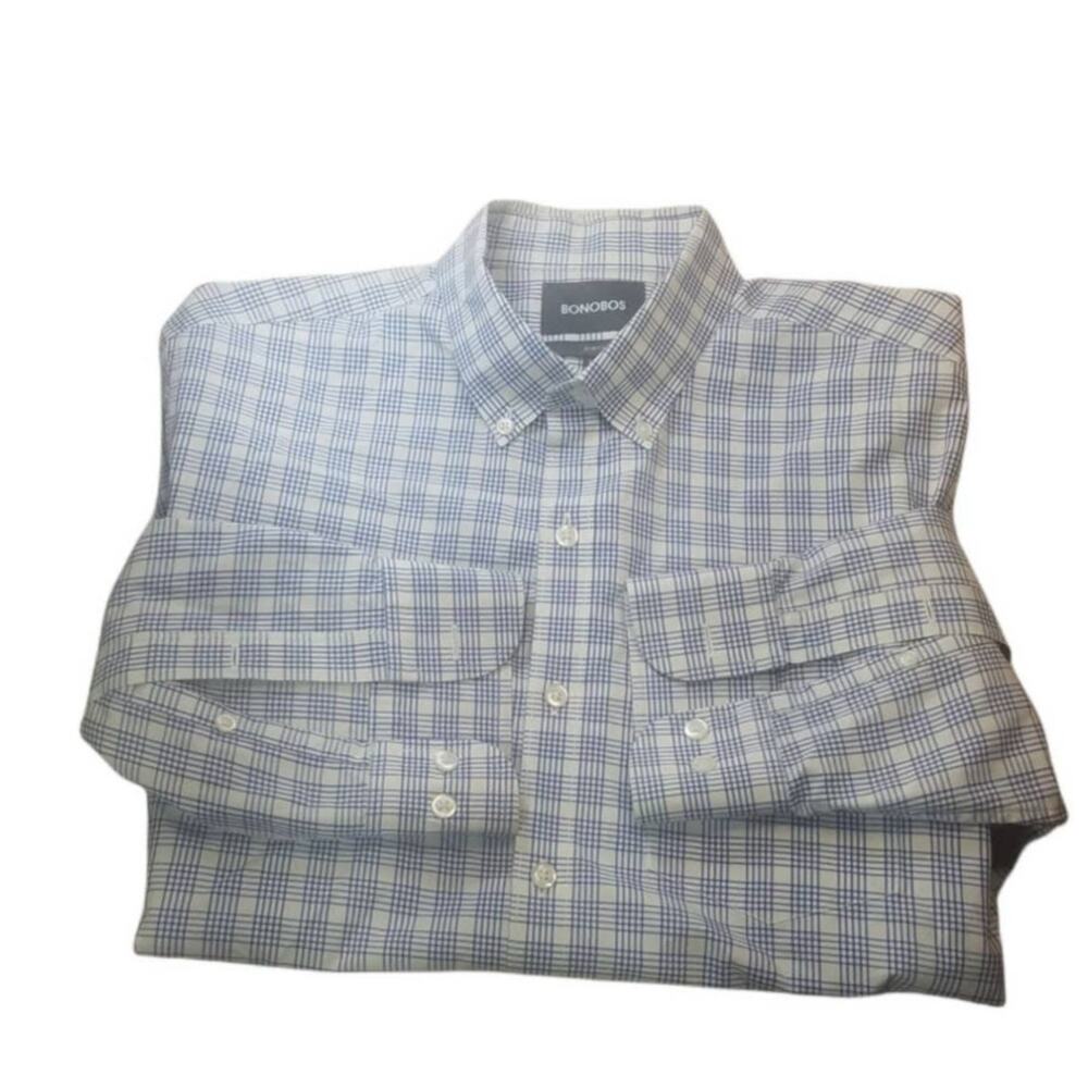 BONOBOS Long Sleeve Button Front Shirt Blue Plaid Slim Fit Men's Size Medium